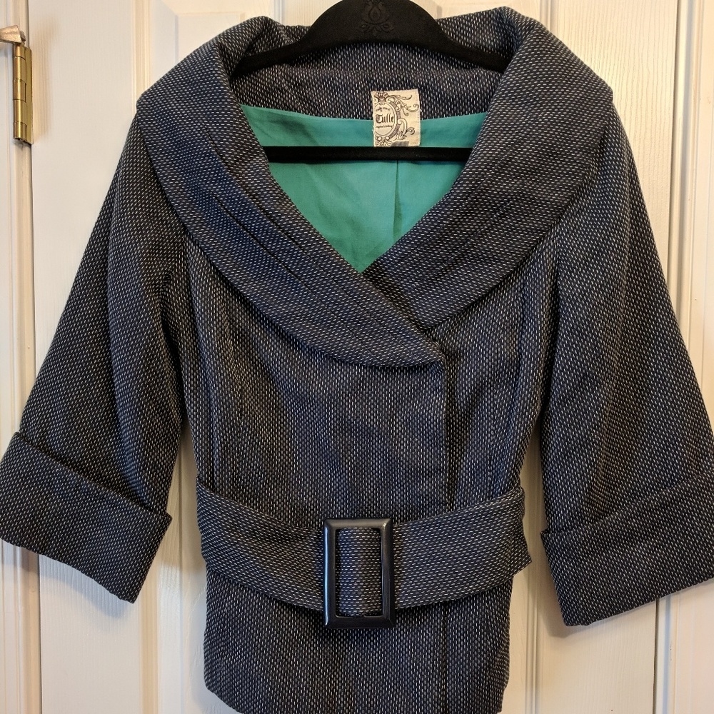 Gently Used Belted Cowl Neck Tulle Jacket Size M